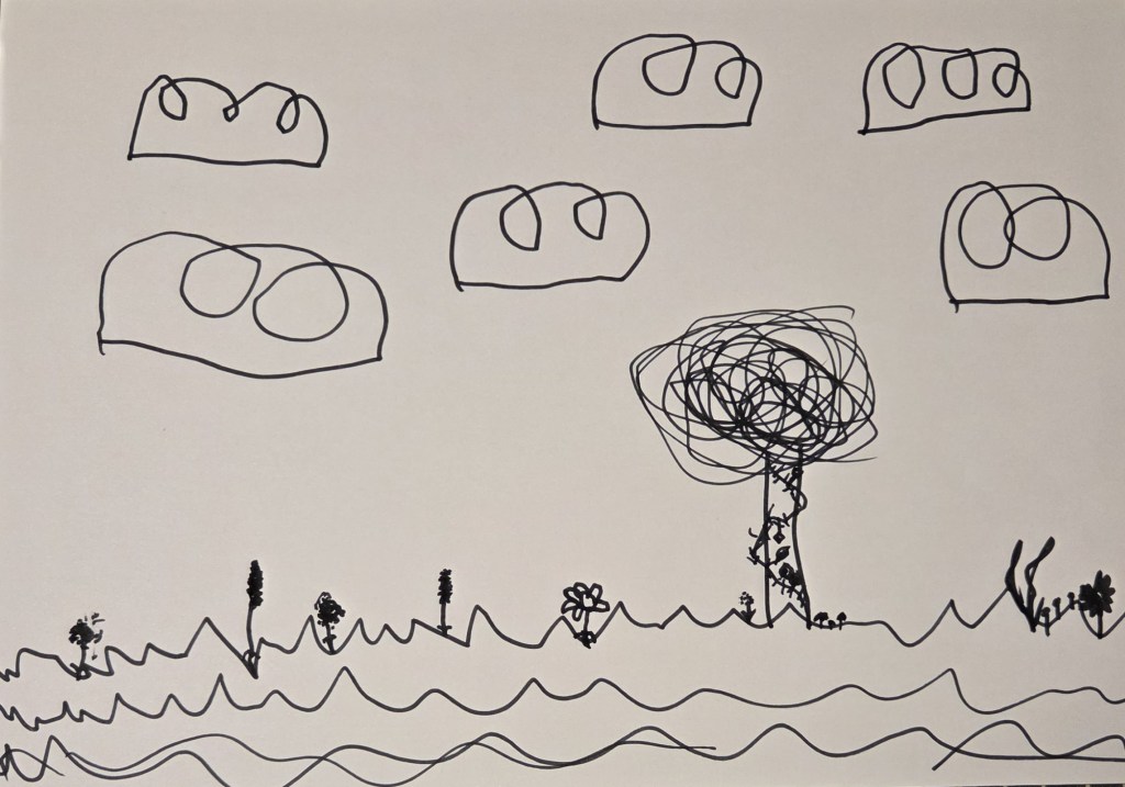 black pen on white child's drawing of clouds, tree, flowers