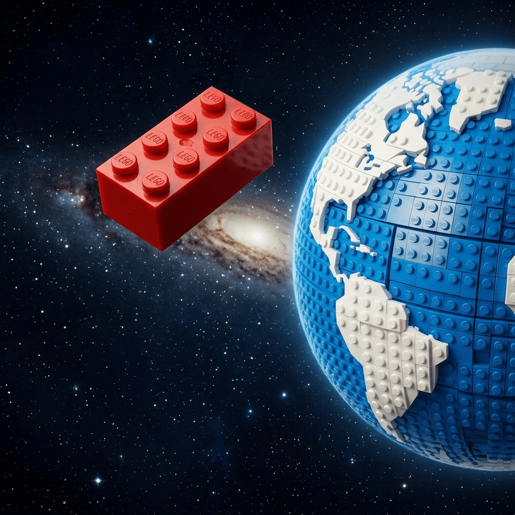 Red LEGO brick near a blue and white LEGO Earth model in space