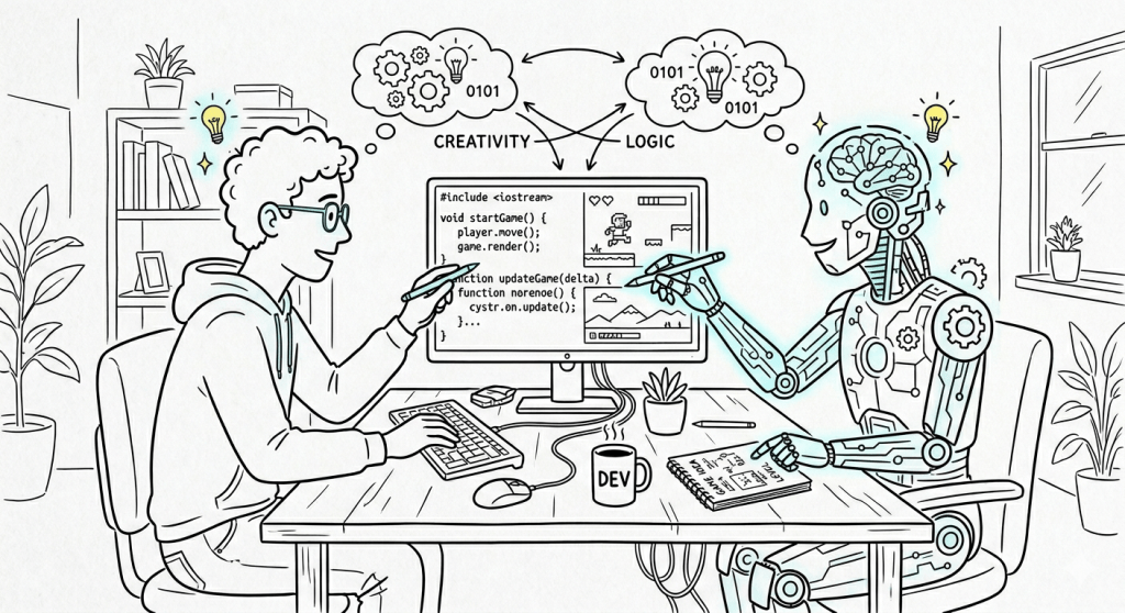 line drawing of a human and a robot collaborating to code a game